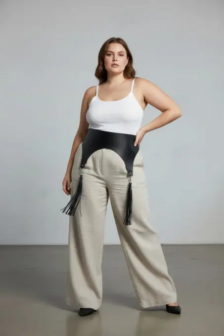 Büyük Beden Siyah Kadın Kemer Geniş Korse Model Püskül Detaylı - APFT788 - 2