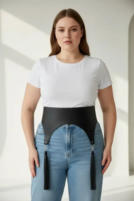 Büyük Beden Siyah Kadın Kemer Geniş Korse Model Püskül Detaylı - APFT788 - 3