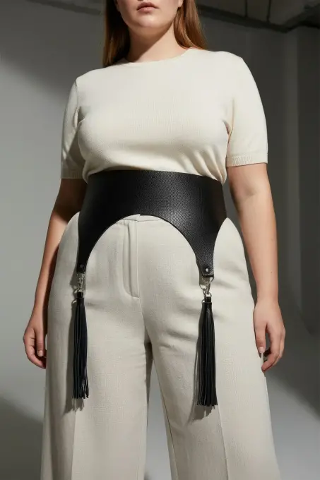 Büyük Beden Siyah Kadın Kemer Geniş Korse Model Püskül Detaylı - APFT788 - 5