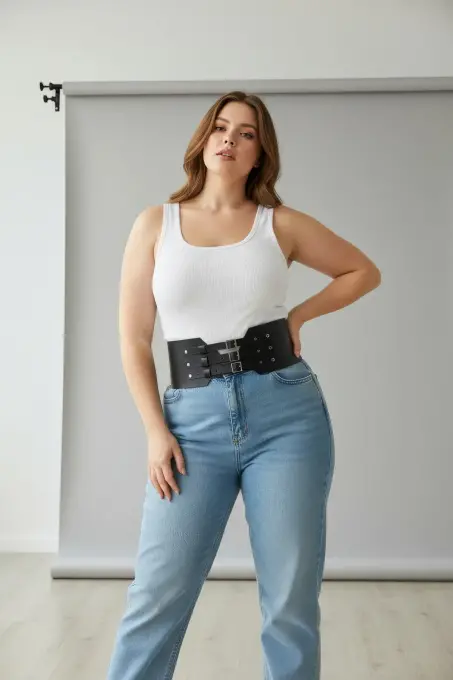 Büyük Beden Siyah Kadın Kemer Geniş Korse Tarzı Üç Tokalı - APFT618 - 2