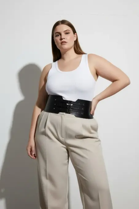 Büyük Beden Siyah Kadın Kemer Geniş Korse Tarzı Üç Tokalı - APFT618 - 4