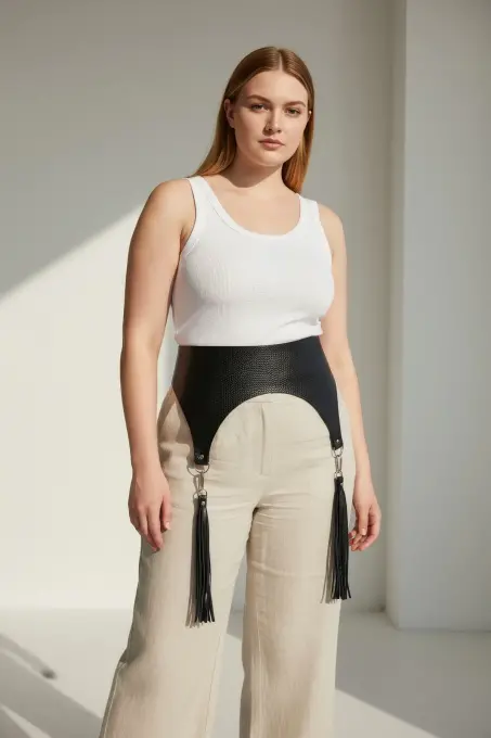 Büyük Beden Siyah Kadın Kemer Geniş Püskül Detaylı Bel Aksesuarı - APFT755 - 3