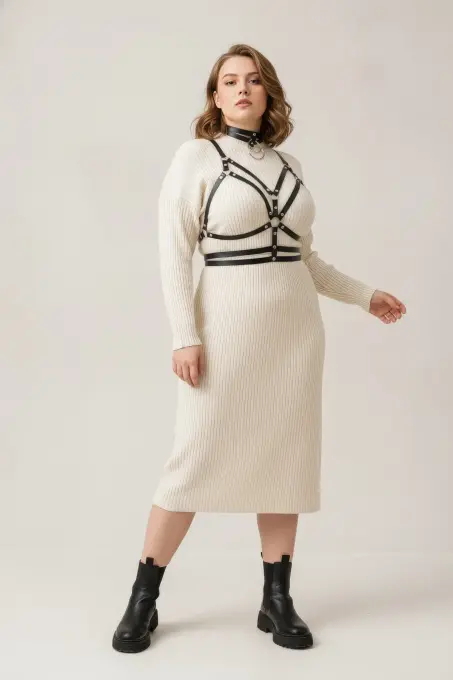 Büyük Beden Siyah Kadın Kemer Halka Detaylı Deri Harness - APFT296 - 1