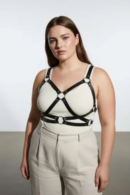 Büyük Beden Siyah Kadın Kemer Halka Detaylı Deri Harness Vücut Aksesuarı - APFT816 - 2