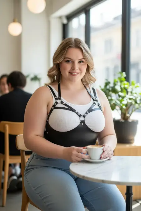 Büyük Beden Siyah Kadın Kemer Halka Detaylı Deri Sütyen Harness Vücut Aksesuarı - APFT872 - 1