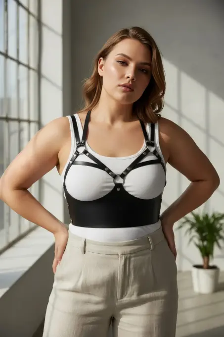 Büyük Beden Siyah Kadın Kemer Halka Detaylı Deri Sütyen Harness Vücut Aksesuarı - APFT872 - 2