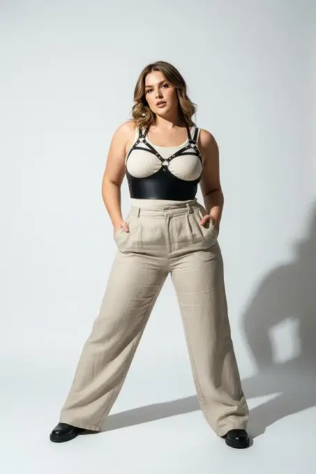 Büyük Beden Siyah Kadın Kemer Halka Detaylı Deri Sütyen Harness Vücut Aksesuarı - APFT872 - 3