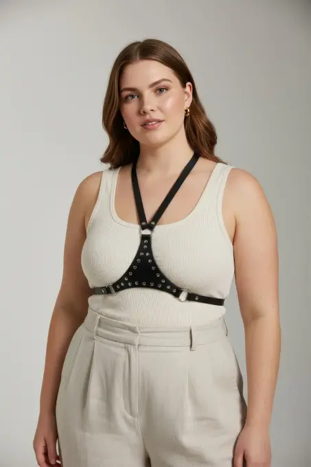 Büyük Beden Siyah Kadın Kemer Halka Detaylı Deri Vücut Aksesuarı - APFT1279 - 2