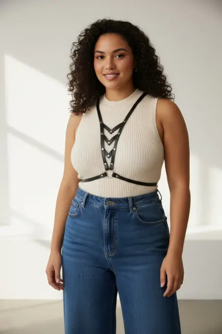 Büyük Beden Siyah Kadın Kemer, Halka Detaylı Deri Vücut Kemeri - APFT192 - 2