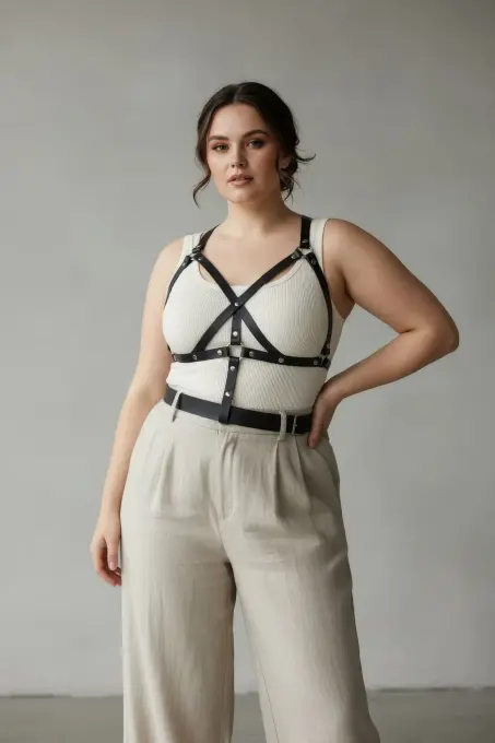 Büyük Beden Siyah Kadın Kemer Harness Detaylı Deri Vücut Aksesuarı - APFT1294 - 2