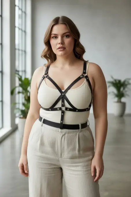 Büyük Beden Siyah Kadın Kemer Harness Detaylı Deri Vücut Aksesuarı - APFT1294 - 3