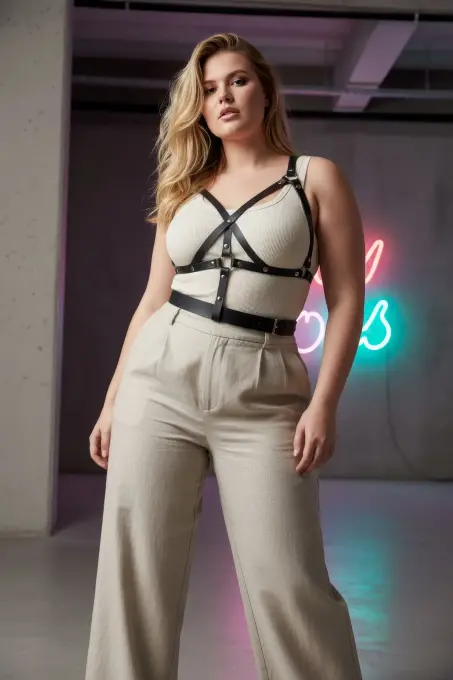 Büyük Beden Siyah Kadın Kemer Harness Detaylı Deri Vücut Aksesuarı - APFT1294 - 4