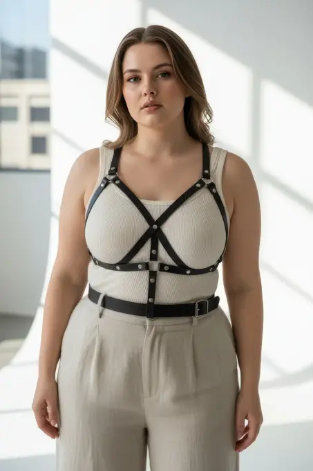 Büyük Beden Siyah Kadın Kemer Harness Detaylı Deri Vücut Aksesuarı - APFT1294 - 5