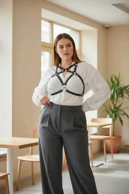 Büyük Beden Siyah Kadın Kemer Harness Stili Elbise Üstü Vücut Aksesuarı - APFT108 - 2