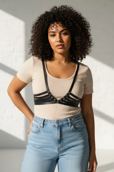 Büyük Beden Siyah Kadın Kemer Harness Stili Korse Görünümlü Deri Vücut Aksesuarı - APFT199 - 3