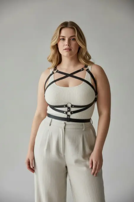 Büyük Beden Siyah Kadın Kemer Harness Tarzı Deri Vücut Aksesuarı - APFT991 - 2