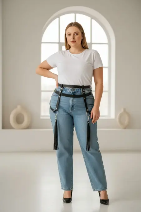 Büyük Beden Siyah Kadın Kemer Jartiyer Tarzı Püskül Detaylı Vücut Aksesuarı - APFT645 - 1