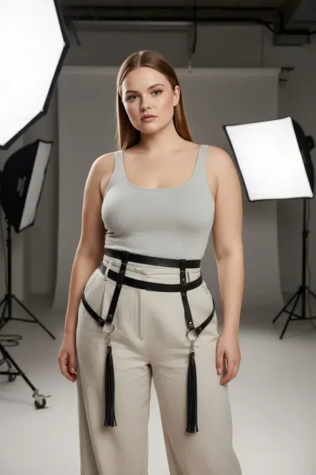 Büyük Beden Siyah Kadın Kemer Jartiyer Tarzı Püskül Detaylı Vücut Aksesuarı - APFT645 - 4