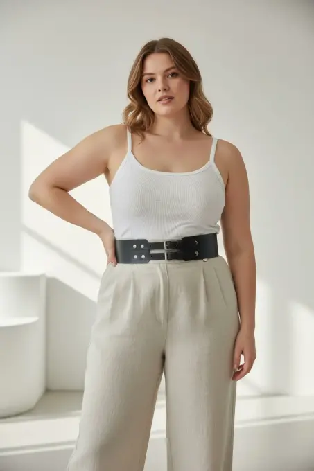 Büyük Beden Siyah Kadın Kemer Kalın Formda Çift Tokalı Zımba Detaylı - APFT1203 - Angels Passion (1)