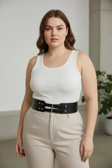 Büyük Beden Siyah Kadın Kemer Kalın Formda Çift Tokalı Zımba Detaylı - APFT1203 - 3