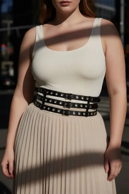 Büyük Beden Siyah Kadın Kemer Kalın Korse Stil Zımba Detaylı - APFT641 - 5