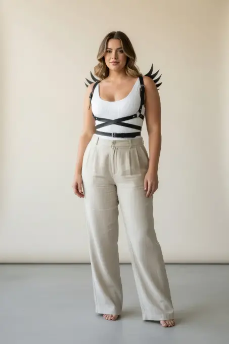 Büyük Beden Siyah Kadın Kemer Kanat Detaylı Deri Harness Vücut Aksesuarı - APFT1097 - 2