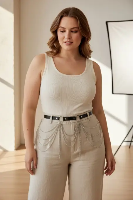 Büyük Beden Siyah Kadın Kemer Katmanlı Zincir Detaylı Kombin Tamamlayıcı - APFT729 - 1