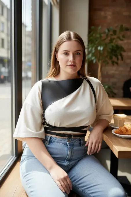 Büyük Beden Siyah Kadın Kemer Kıyafet Üstü Deri Harness Vücut Aksesuarı - APFT903 - 1