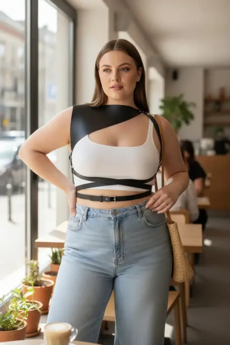 Büyük Beden Siyah Kadın Kemer Kıyafet Üstü Deri Harness Vücut Aksesuarı - APFT903 - 2