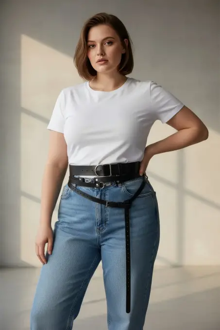 Büyük Beden Siyah Kadın Kemer Korse Görünümlü Çok Katmanlı Tokalı - APFT1129 - 2