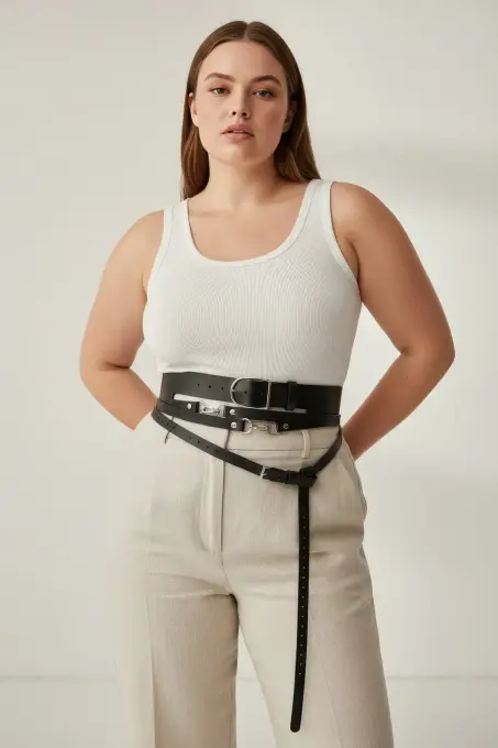 Büyük Beden Siyah Kadın Kemer Korse Görünümlü Çok Katmanlı Tokalı - APFT1129 - 3