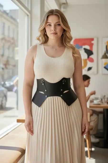 Büyük Beden Siyah Kadın Kemer Korse Görünümlü Geniş Deri Halka Detaylı - APFT619 - 1