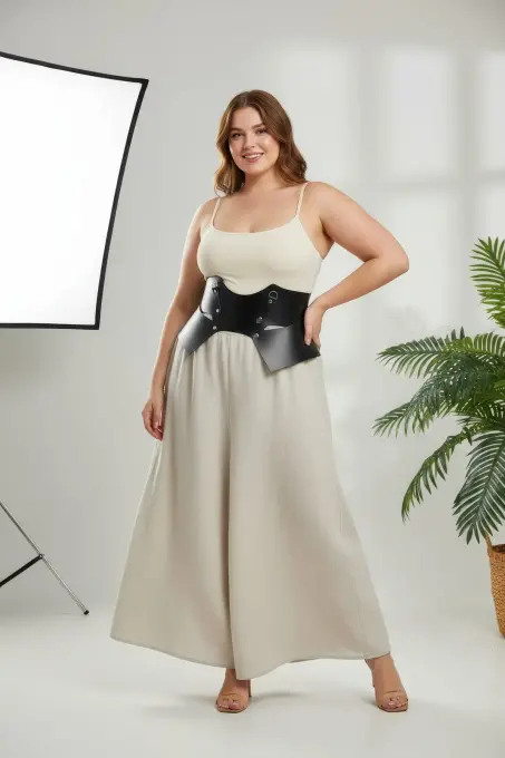 Büyük Beden Siyah Kadın Kemer Korse Görünümlü Geniş Deri Halka Detaylı - APFT619 - 2