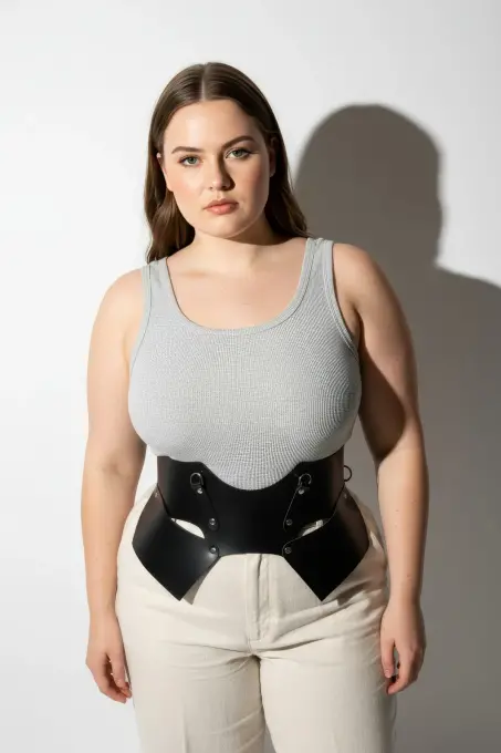 Büyük Beden Siyah Kadın Kemer Korse Görünümlü Geniş Deri Halka Detaylı - APFT619 - 5