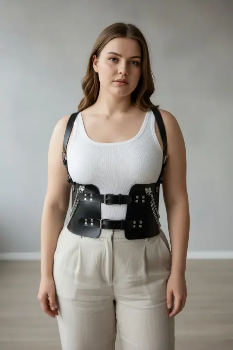 Büyük Beden Siyah Kadın Kemer Korse Görünümlü Zincir Detaylı - APFT1300 - 3