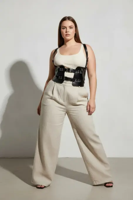 Büyük Beden Siyah Kadın Kemer Korse Görünümlü Zincir Detaylı - APFT1300 - 4