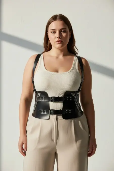 Büyük Beden Siyah Kadın Kemer Korse Görünümlü Zincir Detaylı - APFT1300 - 5