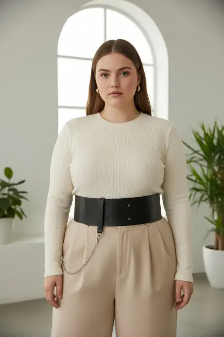 Büyük Beden Siyah Kadın Kemer Korse Model Zincir Detaylı - APFT1117 - 2