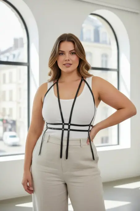 Büyük Beden Siyah Kadın Kemer Korse Tarzı Deri Vücut Aksesuarı - APFT1137 - 2