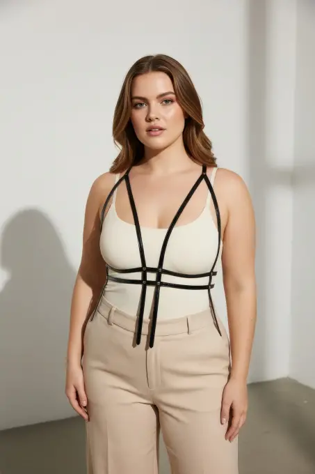 Büyük Beden Siyah Kadın Kemer Korse Tarzı Deri Vücut Aksesuarı - APFT1137 - 4