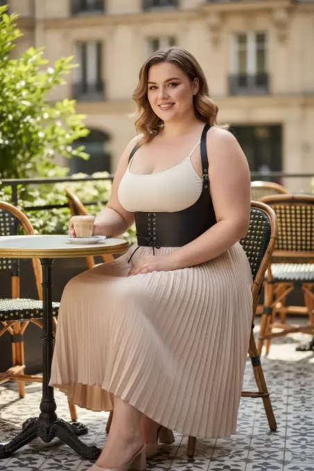 Büyük Beden Siyah Kadın Kemer Omuz Askılı Bağcıklı Korse Detaylı - APFT855 - 1