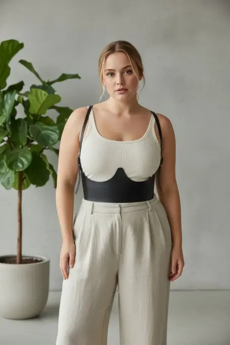 Büyük Beden Siyah Kadın Kemer Omuz Askılı Deri Korse Tasarım - APFT614 - 3