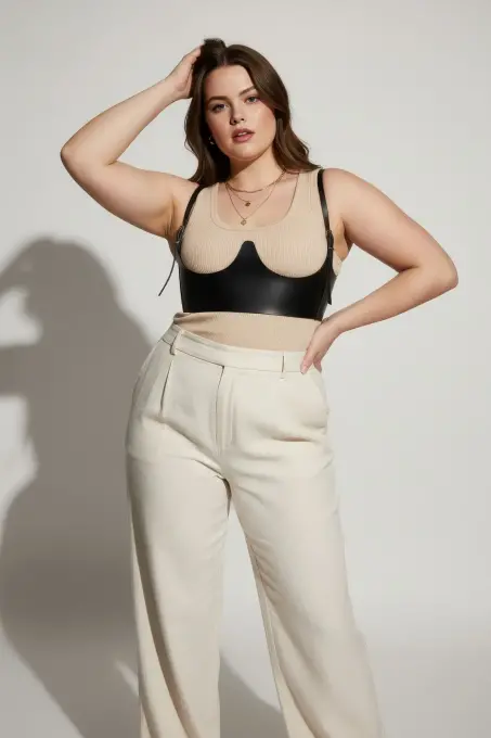 Büyük Beden Siyah Kadın Kemer Omuz Askılı Deri Korse Tasarım - APFT614 - 4