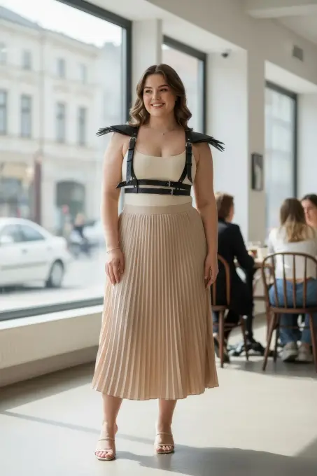 Büyük Beden Siyah Kadın Kemer Omuz Detaylı Deri Vücut Aksesuarı - APFT717 - 1