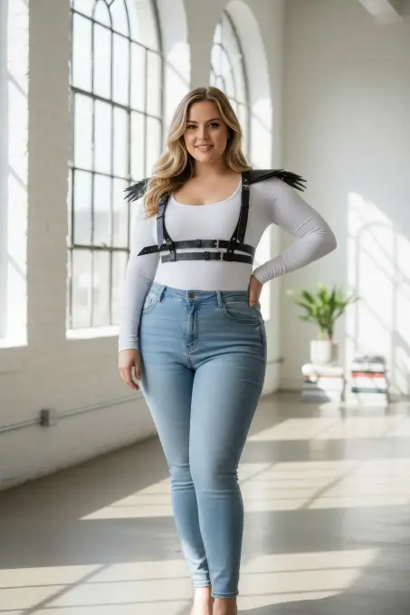 Büyük Beden Siyah Kadın Kemer Omuz Detaylı Deri Vücut Aksesuarı - APFT717 - 2