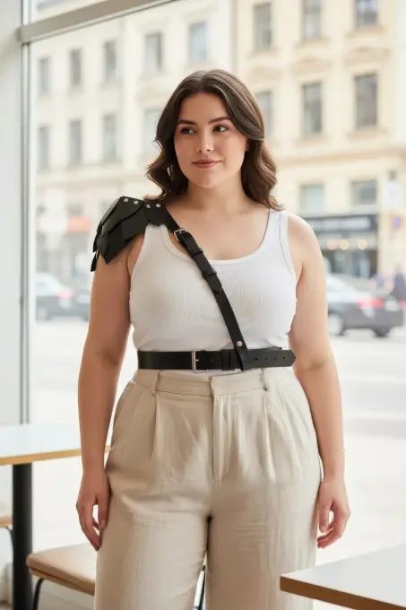 Büyük Beden Siyah Kadın Kemer, Omuz Harness Detaylı Hakiki Deri Kombin Aksesuarı - APFT1033 - 1