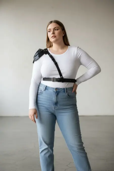 Büyük Beden Siyah Kadın Kemer, Omuz Harness Detaylı Hakiki Deri Kombin Aksesuarı - APFT1033 - 2