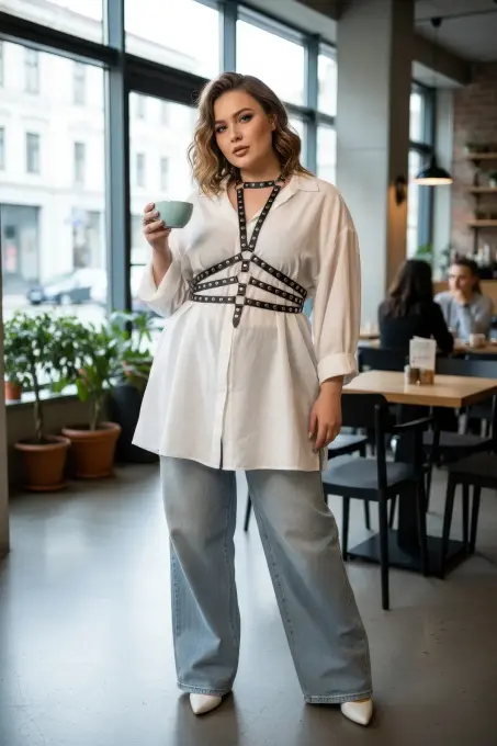 Büyük Beden Siyah Kadın Kemer, Perçinli Deri Harness Vücut Aksesuarı - APFT546 - 1