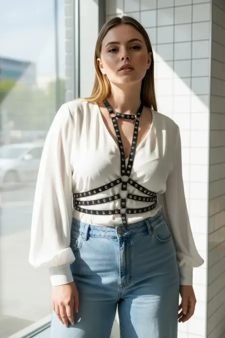 Büyük Beden Siyah Kadın Kemer, Perçinli Deri Harness Vücut Aksesuarı - APFT546 - 2