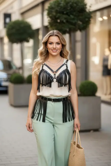 Büyük Beden Siyah Kadın Kemer Püskül Detaylı Deri Kombin Aksesuar - APFT440 - 1